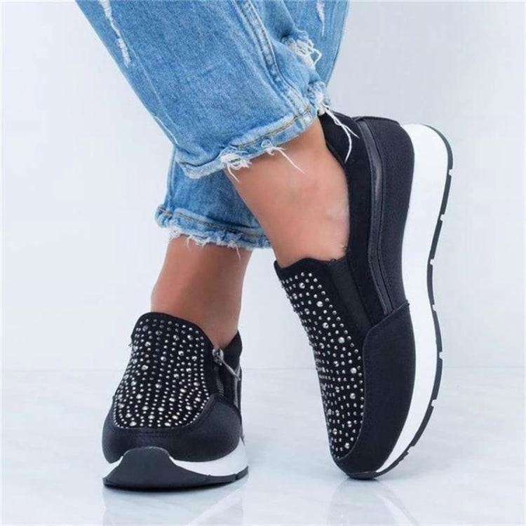Rhinestone Thick Bottom Side Zipper Increased Ladies Casual Shoes, Size:39(Black)
