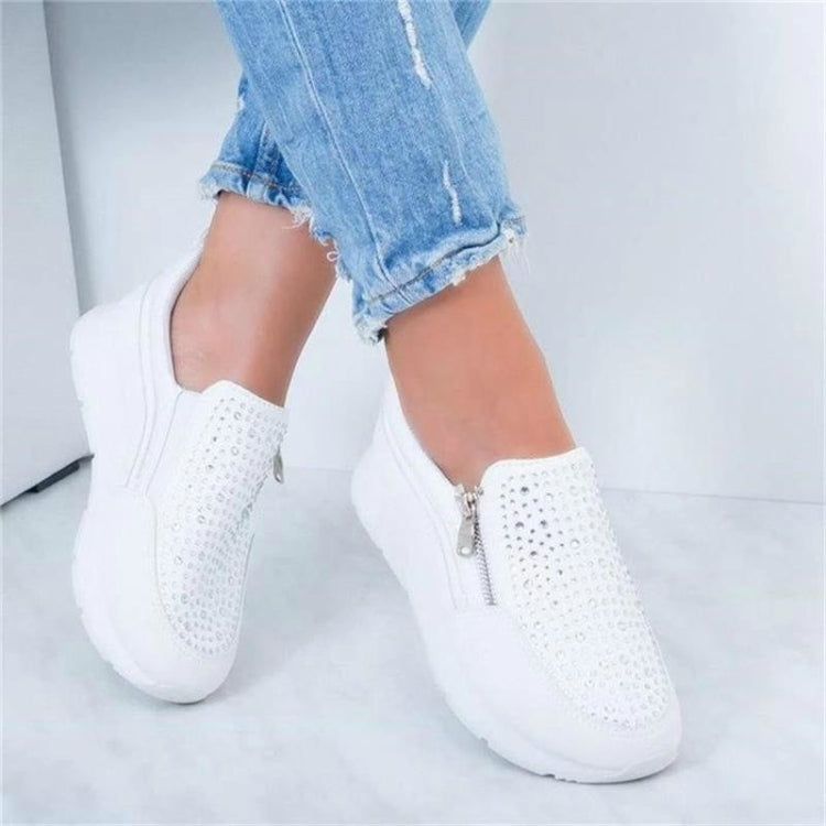 Rhinestone Thick Bottom Side Zipper Increased Ladies Casual Shoes, Size:43