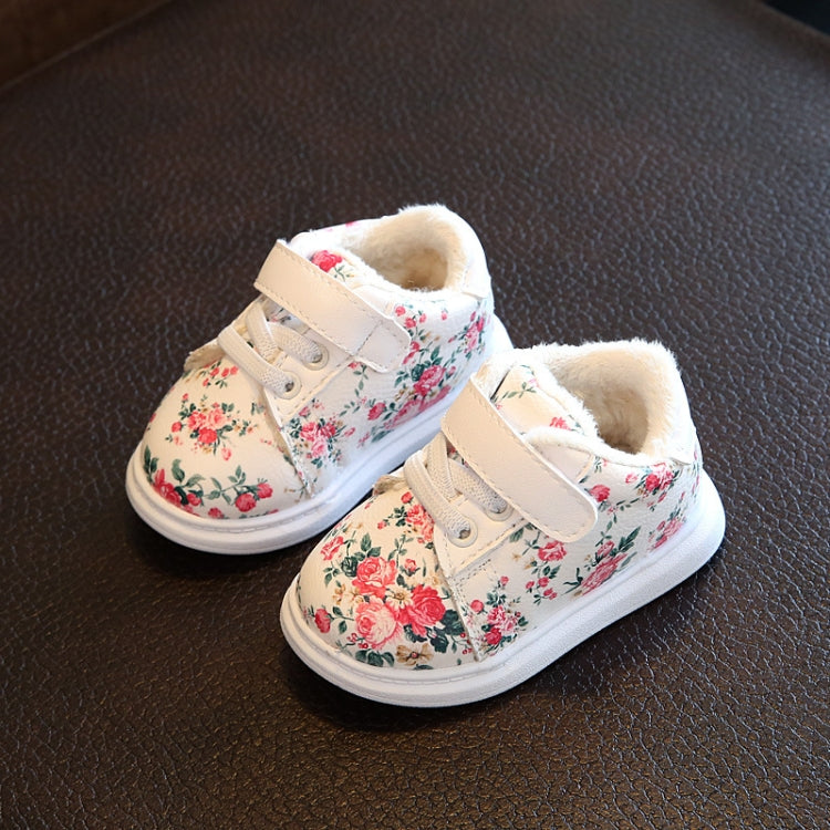 Winter Print Flower PU Leather Infant Warm Snow Boots, Size:18, Color:White