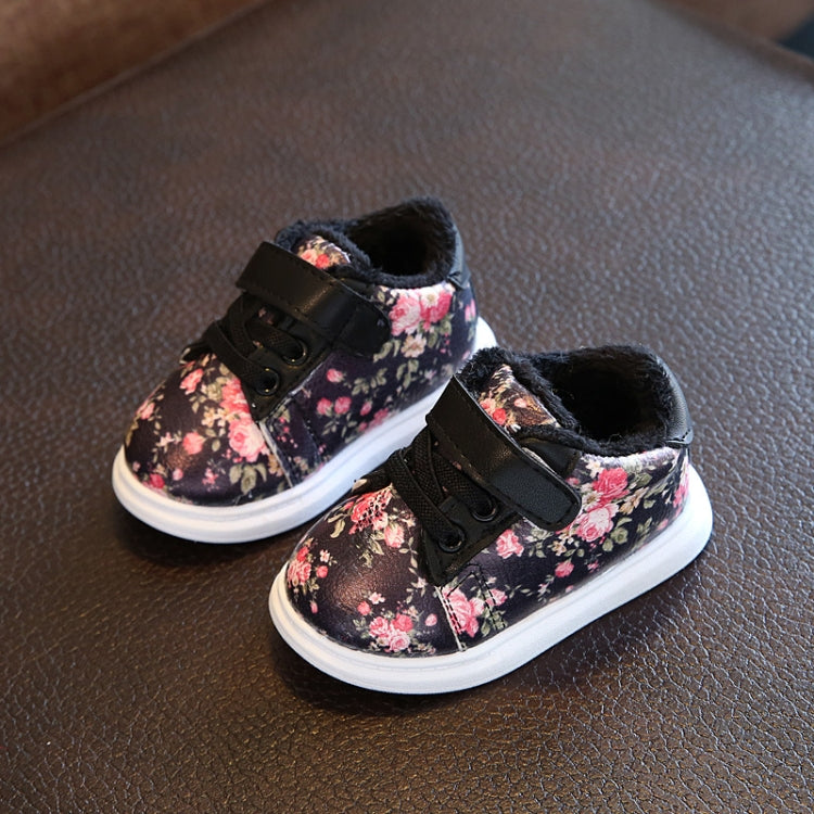 Winter Print Flower PU Leather Infant Warm Snow Boots, Size:21, Color:Black