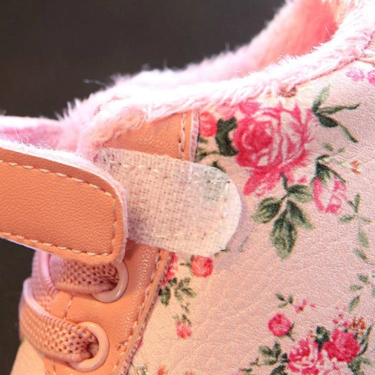 Winter Print Flower PU Leather Infant Warm Snow Boots, Size:17, Color:Pink