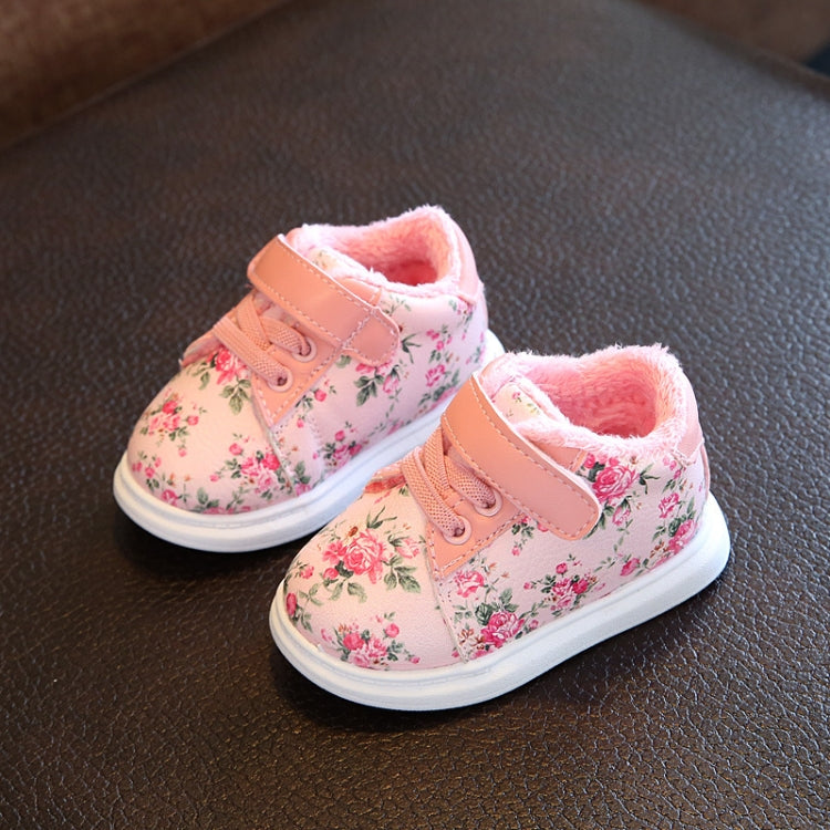 Winter Print Flower PU Leather Infant Warm Snow Boots, Size:18, Color:Pink