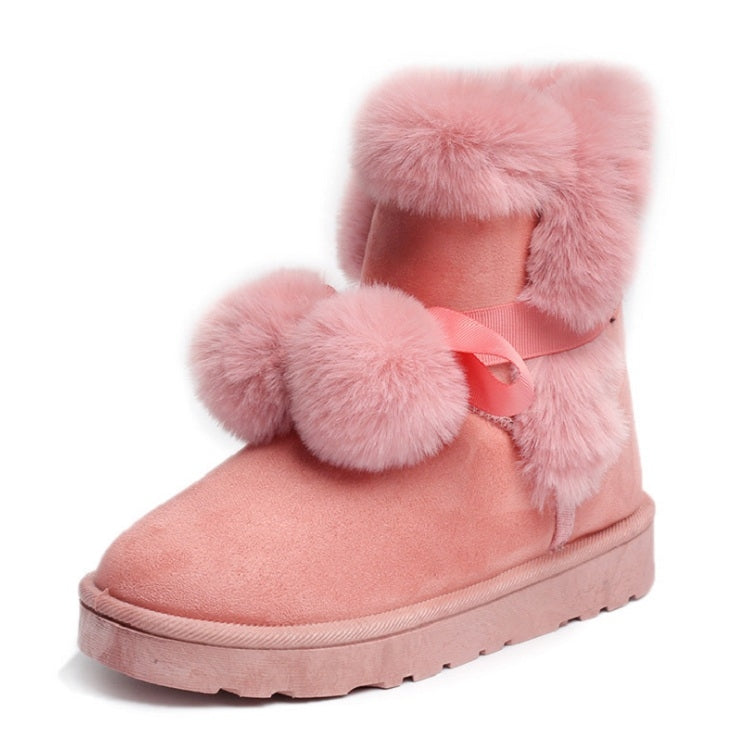 Plus Velvet Short Tube Snow Boots Cute Hair Ball Casual Cotton Shoes, Size:36
