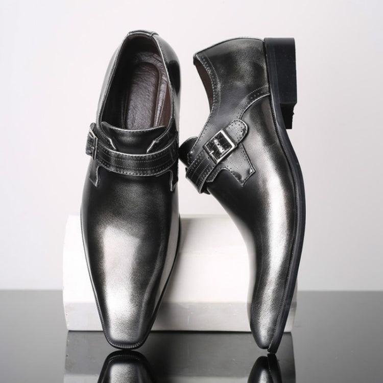 Pointed British Style Men Leather Shoes Buckle Low Heel Shoes, Size:42