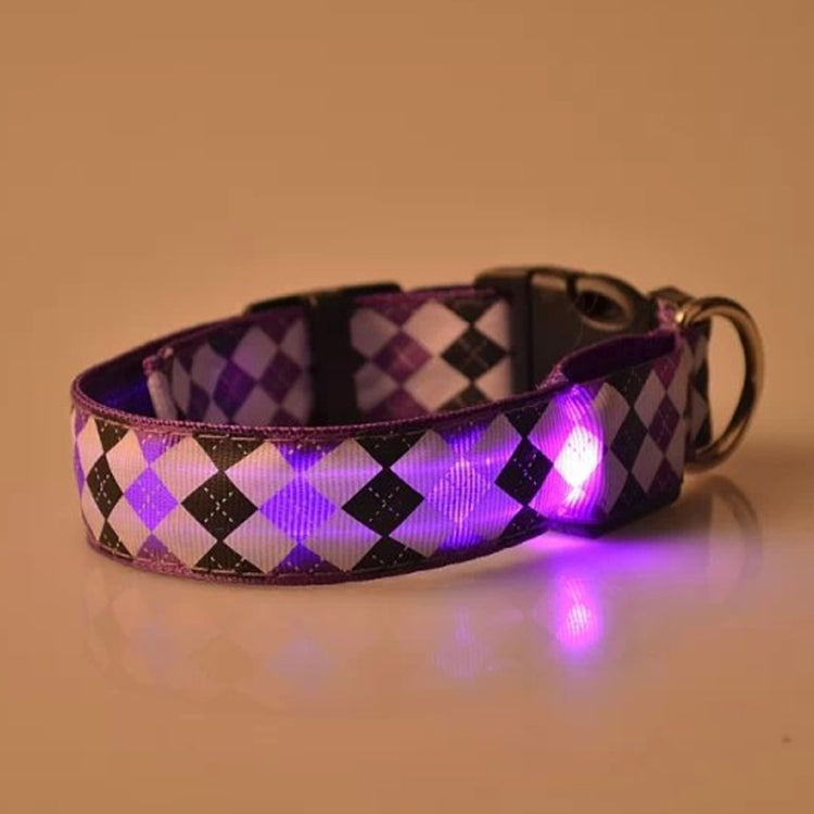 Plaid Pattern Rechargeable LED Glow Light Leads Pet Dog Collar for Small Medium Dogs, Size:L