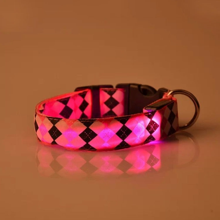 Plaid Pattern Rechargeable LED Glow Light Leads Pet Dog Collar for Small Medium Dogs, Size:L