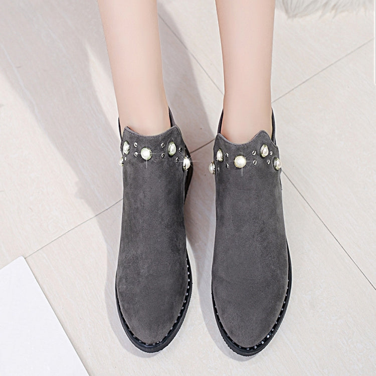 Female Pearl Suede Flat Casual Thick Heel Zipper Martin Boots, Size:37