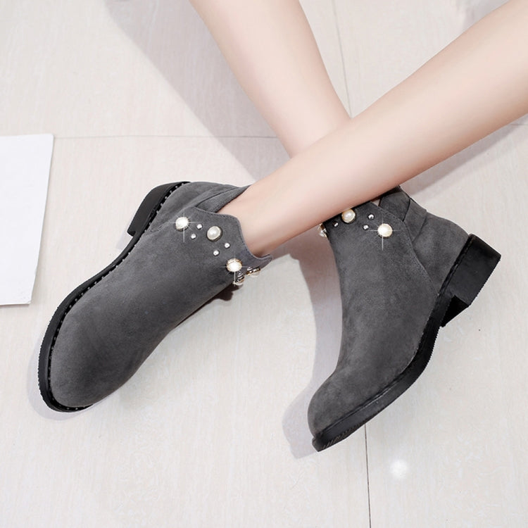 Female Pearl Suede Flat Casual Thick Heel Zipper Martin Boots, Size:37