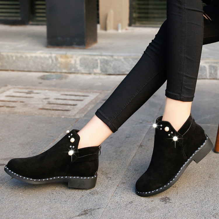 Female Pearl Suede Flat Casual Thick Heel Zipper Martin Boots, Size:37