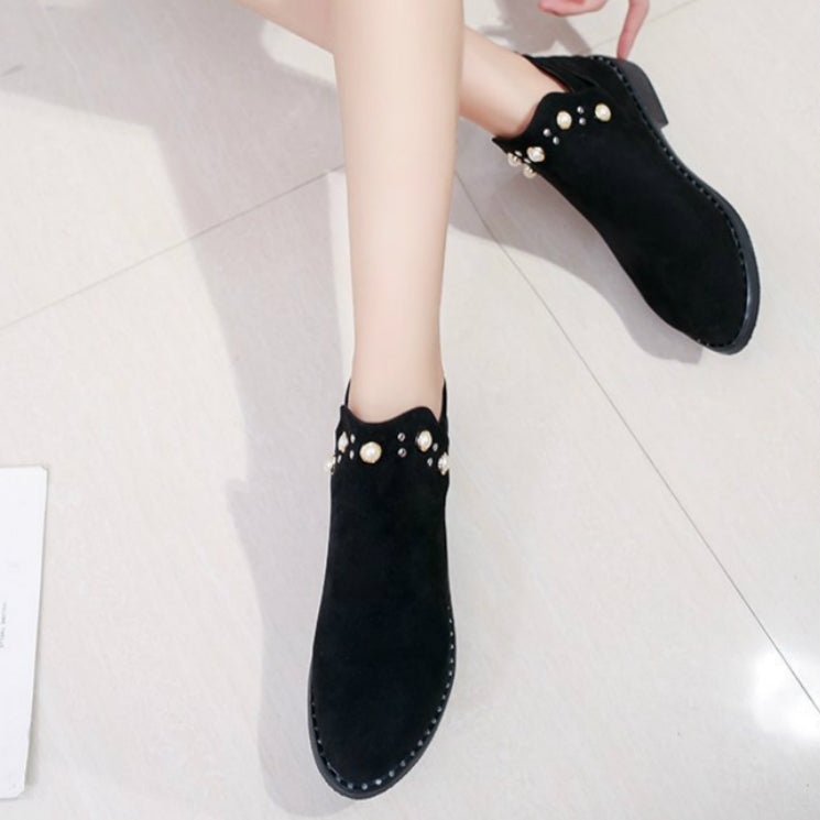 Female Pearl Suede Flat Casual Thick Heel Zipper Martin Boots, Size:37