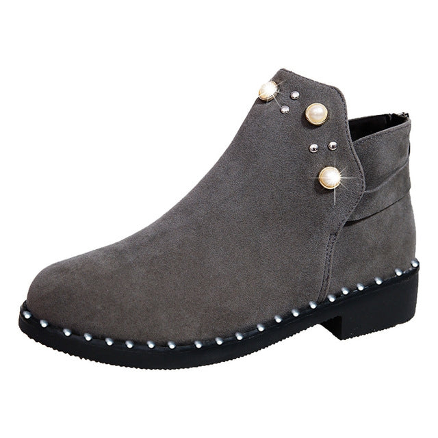 Female Pearl Suede Flat Casual Thick Heel Zipper Martin Boots, Size:39
