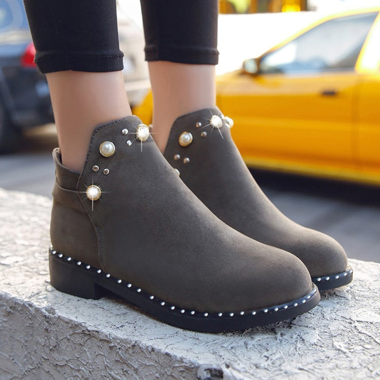 Female Pearl Suede Flat Casual Thick Heel Zipper Martin Boots, Size:39
