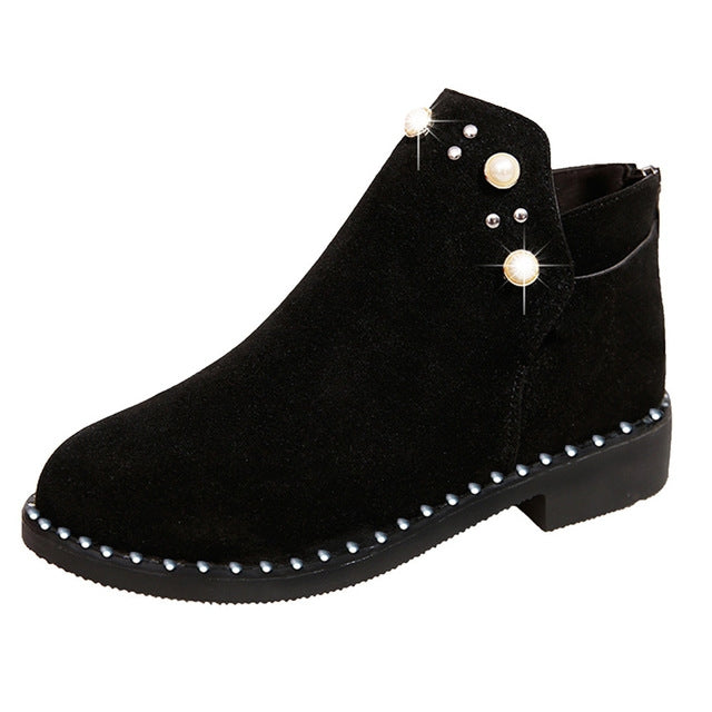 Female Pearl Suede Flat Casual Thick Heel Zipper Martin Boots, Size:39