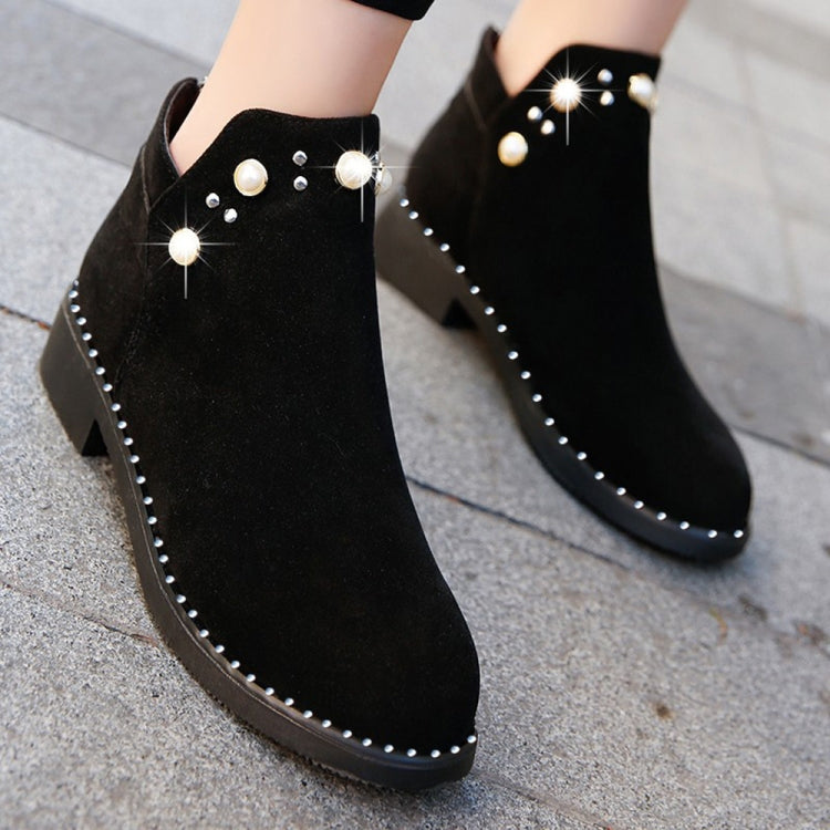 Female Pearl Suede Flat Casual Thick Heel Zipper Martin Boots, Size:39