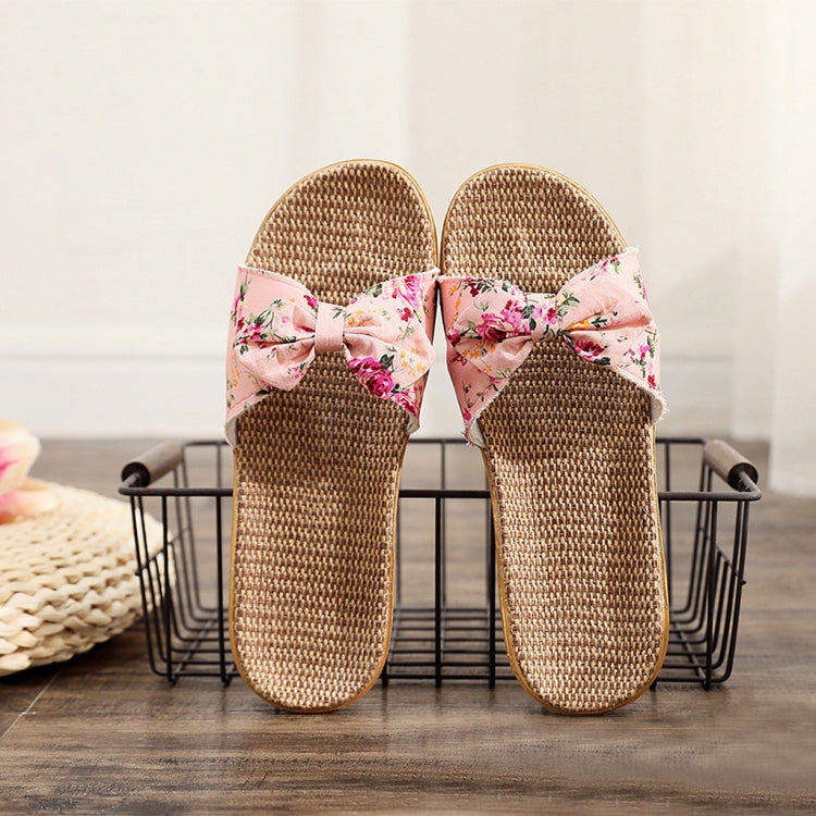 Women Bohemia Bowknot Flax Linen Flip Flops Beach Shoes Casual Slippers, Size:35-36