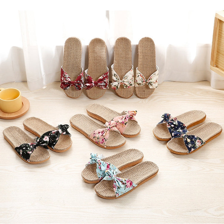 Women Bohemia Bowknot Flax Linen Flip Flops Beach Shoes Casual Slippers, Size:35-36