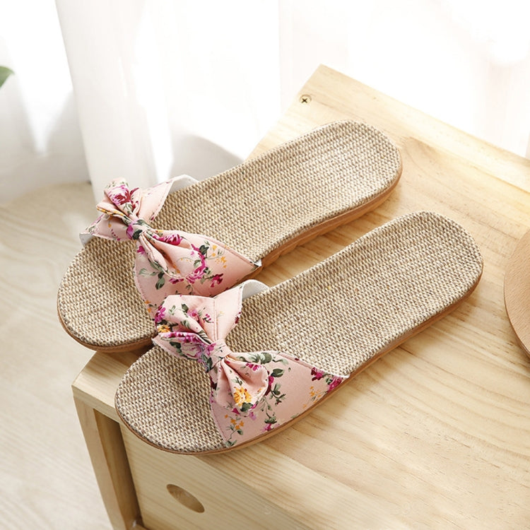 Women Bohemia Bowknot Flax Linen Flip Flops Beach Shoes Casual Slippers, Size:37-38