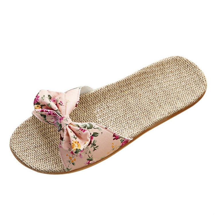 Women Bohemia Bowknot Flax Linen Flip Flops Beach Shoes Casual Slippers, Size:37-38