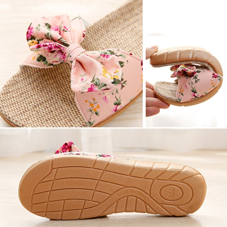 Women Bohemia Bowknot Flax Linen Flip Flops Beach Shoes Casual Slippers, Size:37-38
