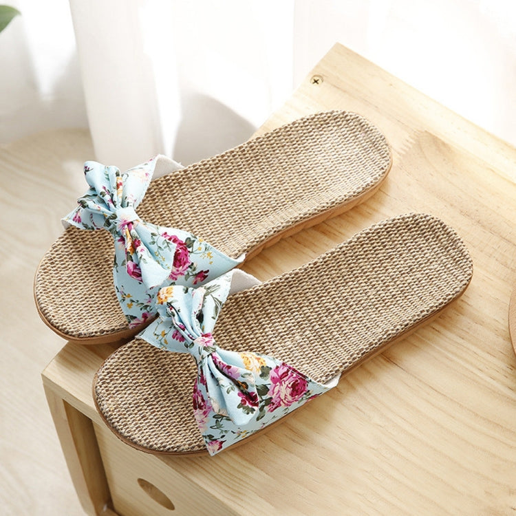Women Bohemia Bowknot Flax Linen Flip Flops Beach Shoes Casual Slippers, Size:37-38
