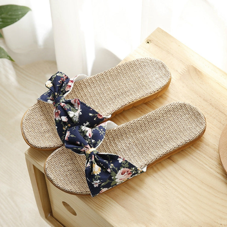 Women Bohemia Bowknot Flax Linen Flip Flops Beach Shoes Casual Slippers, Size:39-40