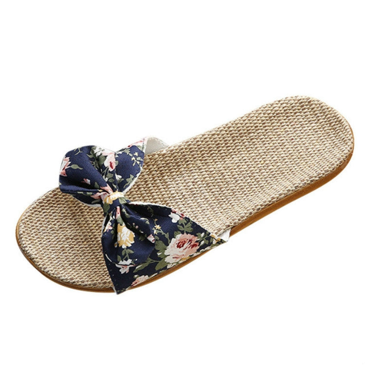 Women Bohemia Bowknot Flax Linen Flip Flops Beach Shoes Casual Slippers, Size:39-40