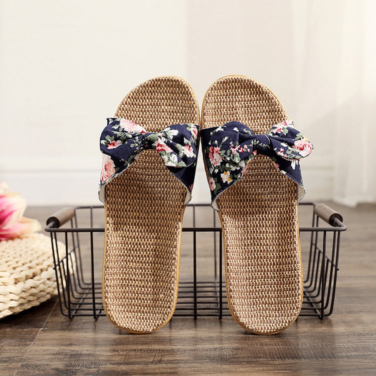 Women Bohemia Bowknot Flax Linen Flip Flops Beach Shoes Casual Slippers, Size:39-40
