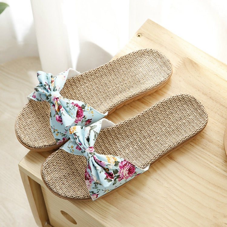 Women Bohemia Bowknot Flax Linen Flip Flops Beach Shoes Casual Slippers, Size:39-40