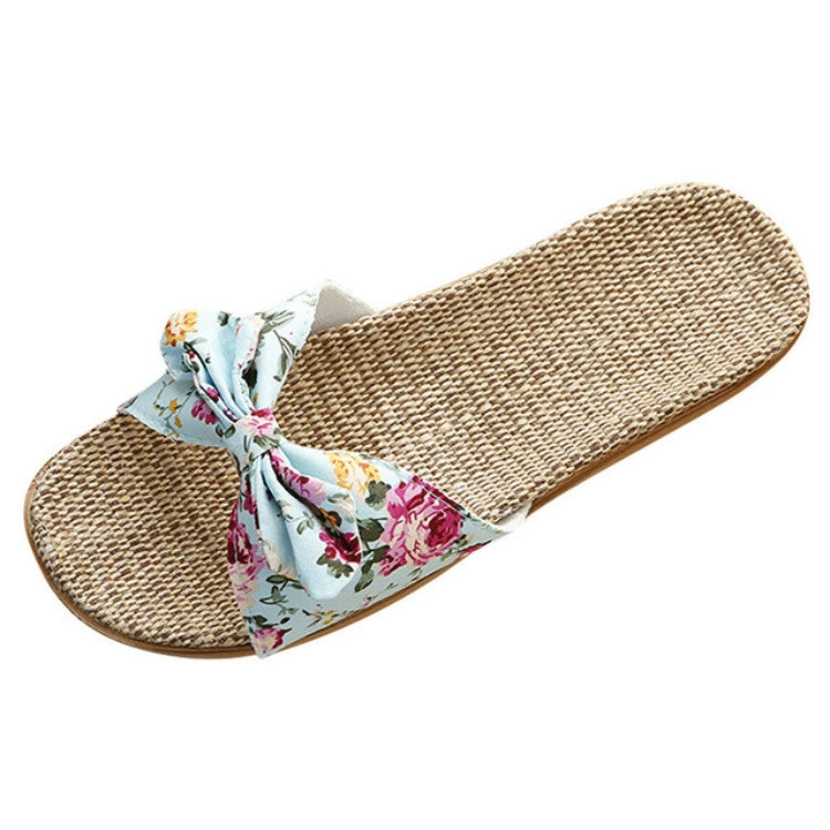 Women Bohemia Bowknot Flax Linen Flip Flops Beach Shoes Casual Slippers, Size:39-40