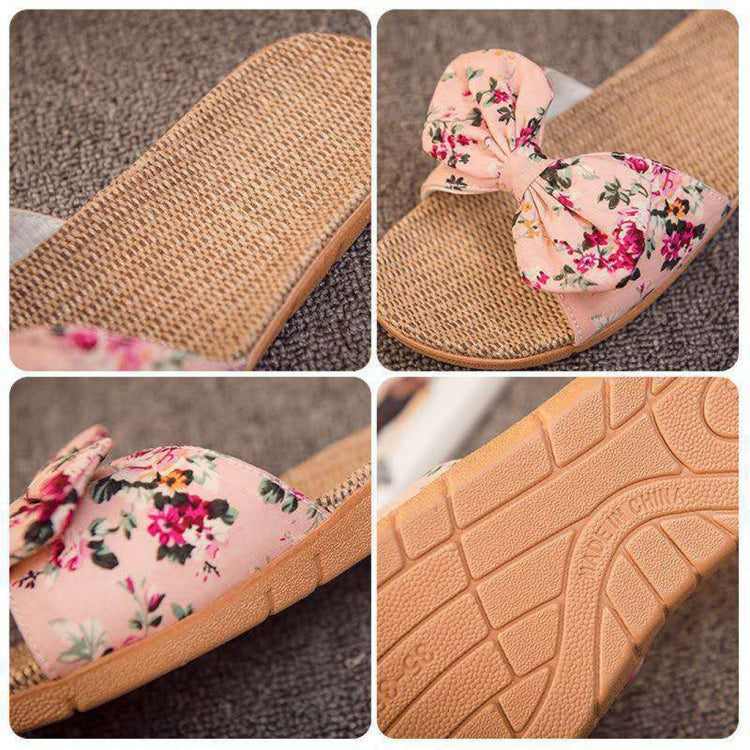Women Bohemia Bowknot Flax Linen Flip Flops Beach Shoes Casual Slippers, Size:39-40