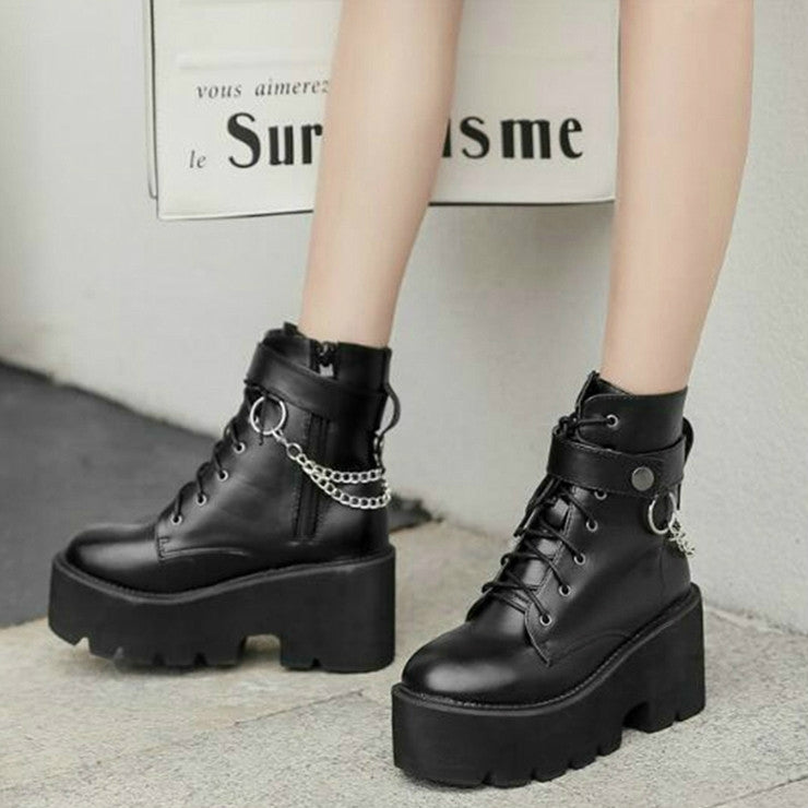 Platform - Soled Martin Boots Side Zipper Handsome Ankle Boots, Shoe Size:35(Black)