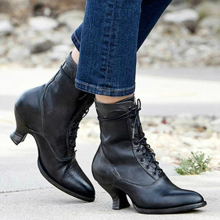 Women High Heels Large Size Lace Boots Fighter Retro PU Leather Round Toe Shoes, Shoe Size:34