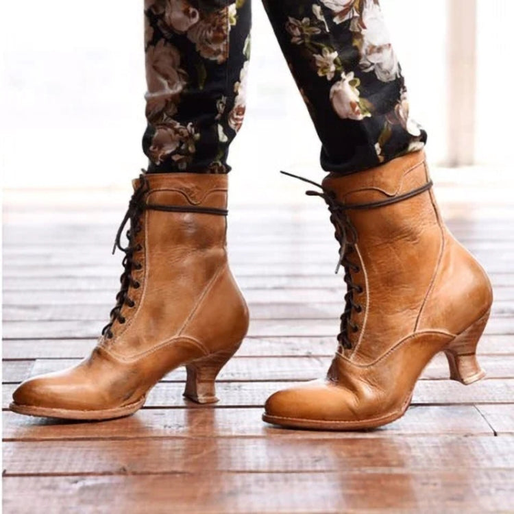 Women High Heels Large Size Lace Boots Fighter Retro PU Leather Round Toe Shoes, Shoe Size:36