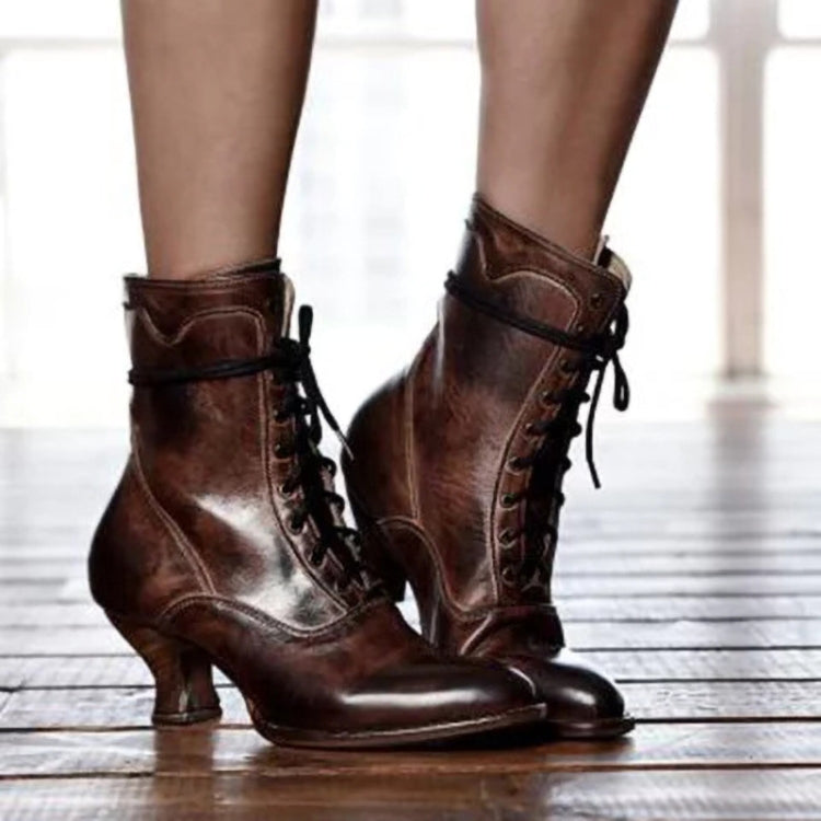 Women High Heels Large Size Lace Boots Fighter Retro PU Leather Round Toe Shoes, Shoe Size:37