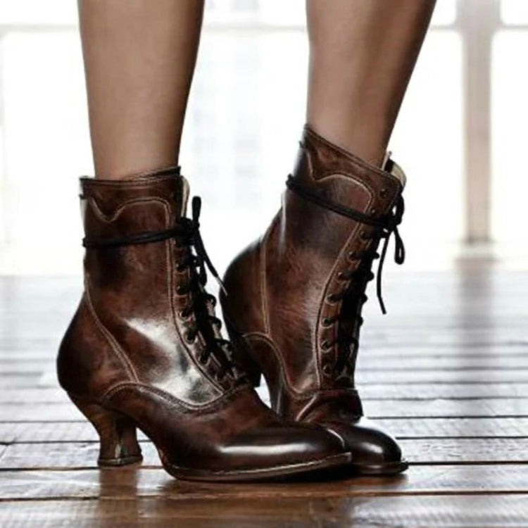 Women High Heels Large Size Lace Boots Fighter Retro PU Leather Round Toe Shoes, Shoe Size:38
