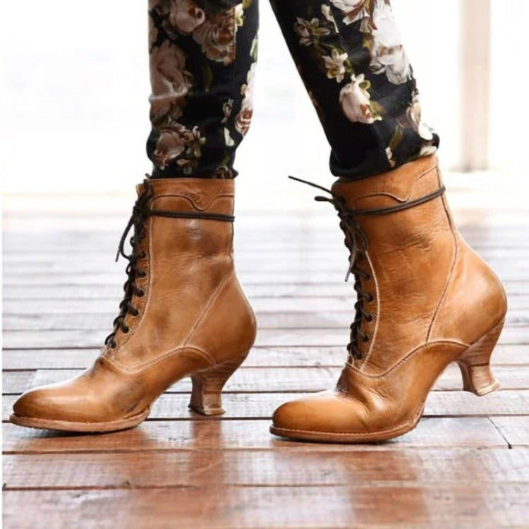 Women High Heels Large Size Lace Boots Fighter Retro PU Leather Round Toe Shoes, Shoe Size:40