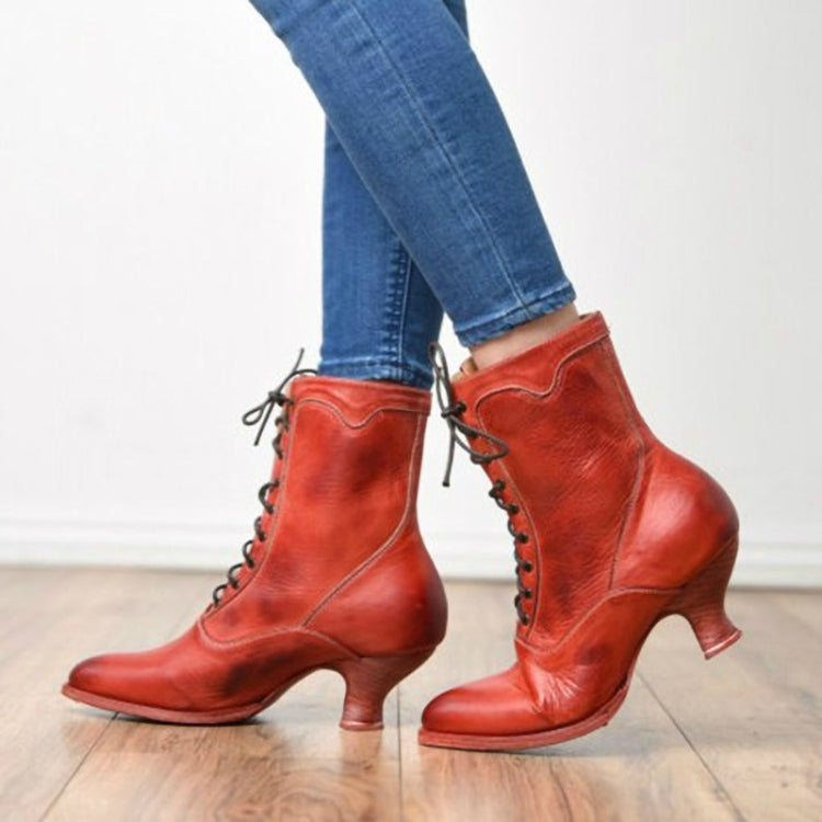 Women High Heels Large Size Lace Boots Fighter Retro PU Leather Round Toe Shoes, Shoe Size:42