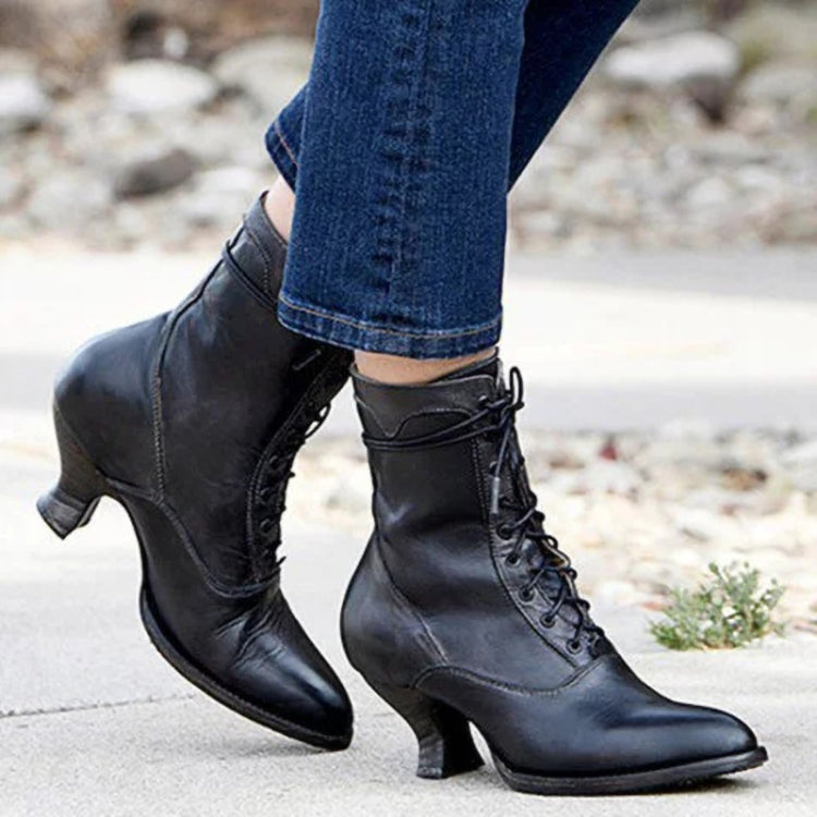 Women High Heels Large Size Lace Boots Fighter Retro PU Leather Round Toe Shoes, Shoe Size:43