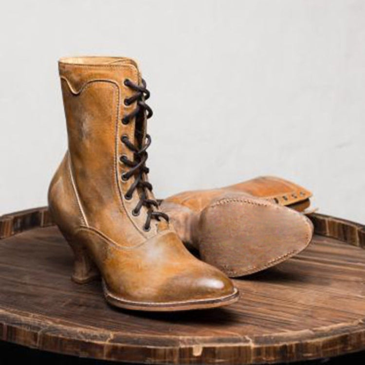 Women High Heels Large Size Lace Boots Fighter Retro PU Leather Round Toe Shoes, Shoe Size:43