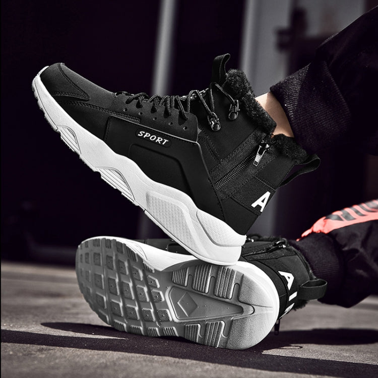 Winter Leather Cotton Shoes Velvet Boots Trendy Warm British Style Men Shoes, Shoe Size:42(Black+White)