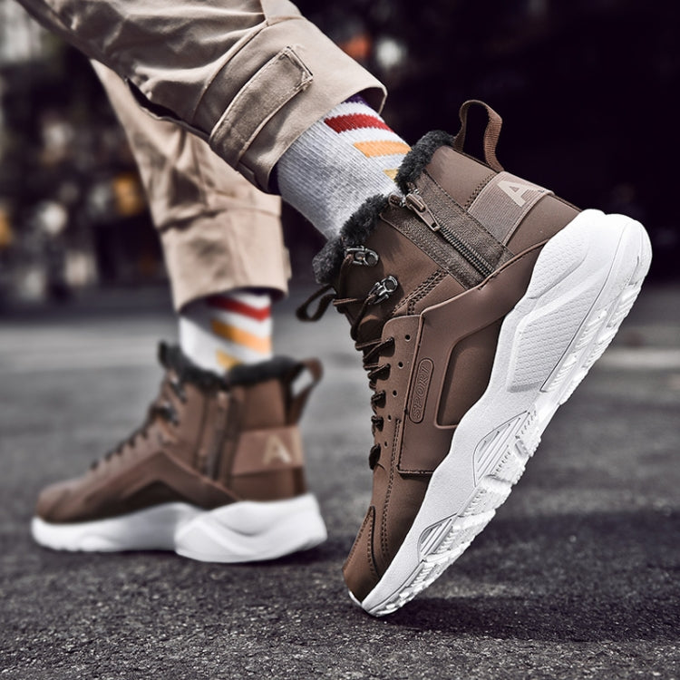 Winter Leather Cotton Shoes Velvet Boots Trendy Warm British Style Men Shoes, Shoe Size:43(Brown)