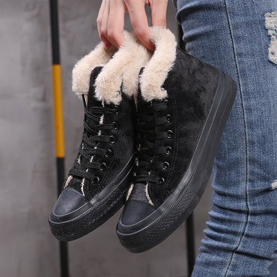 Solid Color Plus Velvet High-Top Canvas Cotton Shoes, Shoe Size:36