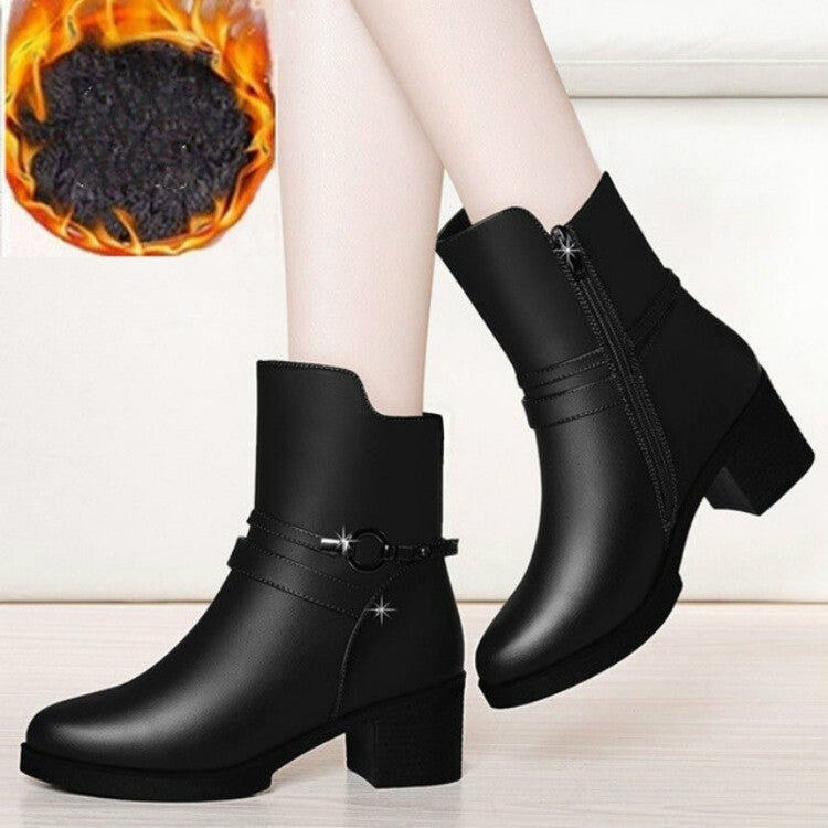 Round Head Boots with Thick Side Zipper Boots and Velvet Boots, Size:37