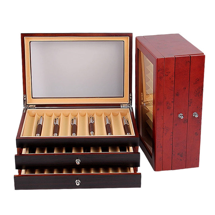 34 Pens Box Painted Wooden Pen Display Collection Pencil Case, Color:34 Grids-Red