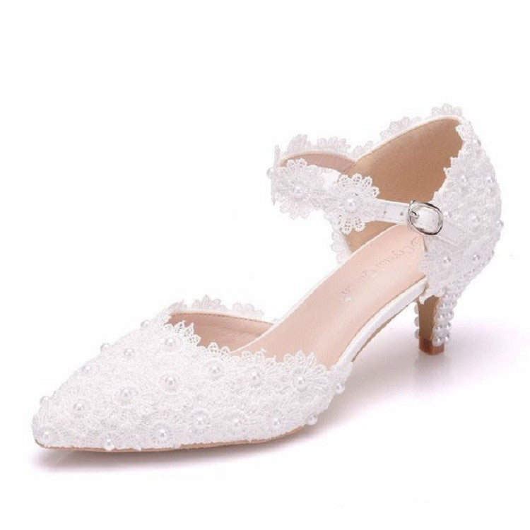 Women Shoes Lace Pearl Princess Pointed Shoes, Size:34