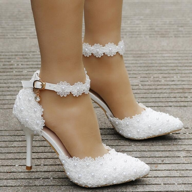 Women Shoes Lace Pearl Princess Pointed Shoes, Size:37