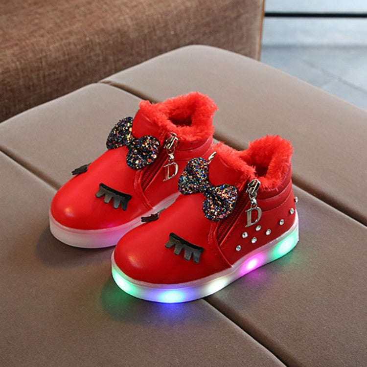 Kids Shoes Baby Infant Girls Eyelash Crystal Bowknot LED Luminous Boots Shoes Sneakers, Size:26