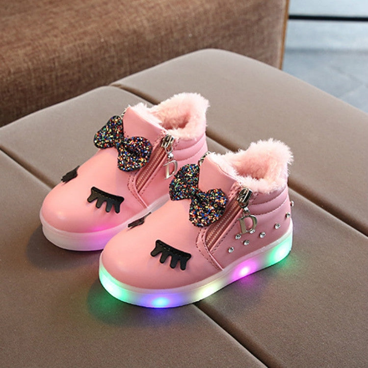 Kids Shoes Baby Infant Girls Eyelash Crystal Bowknot LED Luminous Boots Shoes Sneakers, Size:26