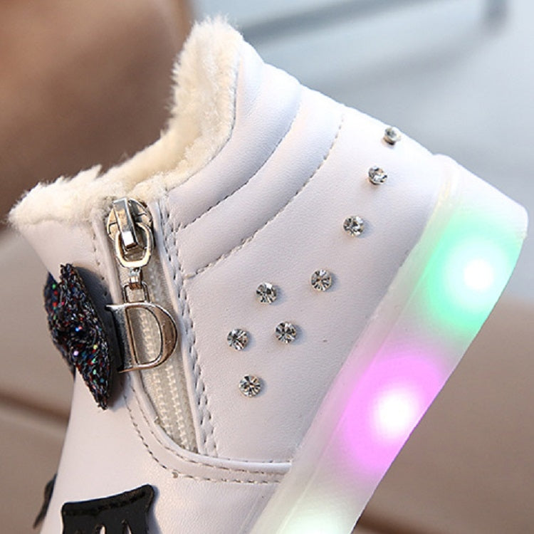 Kids Shoes Baby Infant Girls Eyelash Crystal Bowknot LED Luminous Boots Shoes Sneakers, Size:27