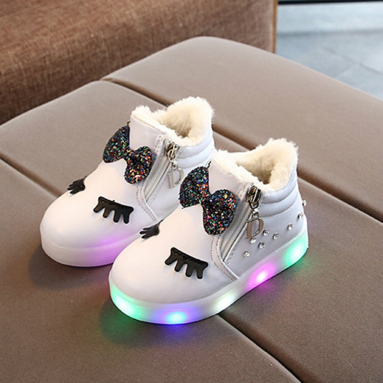 Kids Shoes Baby Infant Girls Eyelash Crystal Bowknot LED Luminous Boots Shoes Sneakers, Size:32